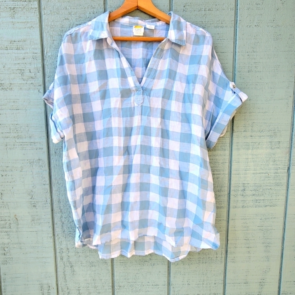 C & C California Plaid Gingham Print Linen Boxy Blouse size L Blue White